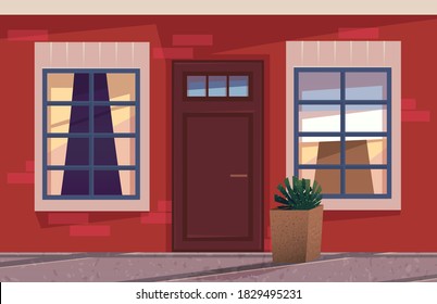 The illustration with an wooden front door and part of wall with windows in evening time, house exterior building's facade element. Entrance to the room or shopping store, door retro cartoon design