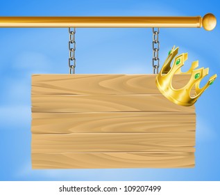 Illustration of a wooden hanging sign with a gold crown on it
