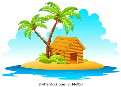 illustration of wooden home with palm tree on island