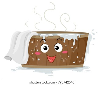 Illustration of a Wooden Hot Tub or Barrel Mascot Full of Hot Water and with White Towel