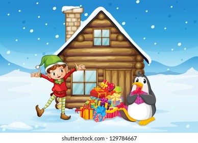 Illustration of a wooden house with an elf and a penguin