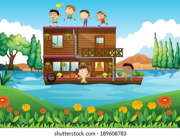 Illustration of a wooden house in the middle of the river with kids