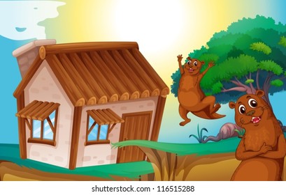 illustration of wooden house and otters in nature