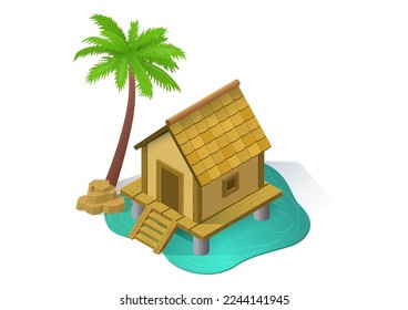 Illustration of  a wooden house with palm on a white background