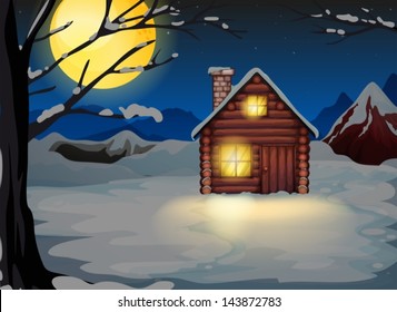 Illustration of a wooden house in a snowy area