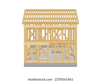 Illustration of a wooden house under construction.