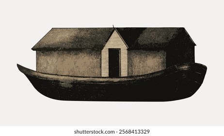 Illustration of a wooden houseboat with a dark roof. The houseboat features a large cabin. The wooden houseboat is set against a plain background.