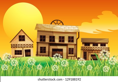 Illustration of the wooden houses near the hill