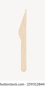 Illustration of a wooden knife with a textured handle. The wooden knife features a serrated edge. Eco-friendly wooden knife for sustainable dining. Isolated vector illustration.