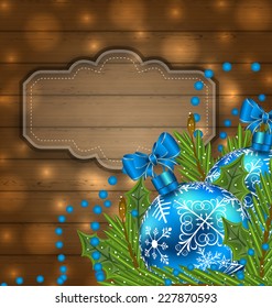 Illustration wooden label with Christmas balls and fir twigs - vector