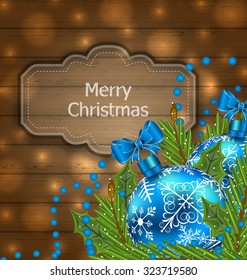 Illustration wooden label with Christmas balls and fir twigs - vector