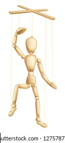 An illustration of a wooden marionette or puppet figure or man on strings