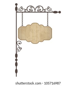 Illustration wooden noticeboard with floral forged elements - vector