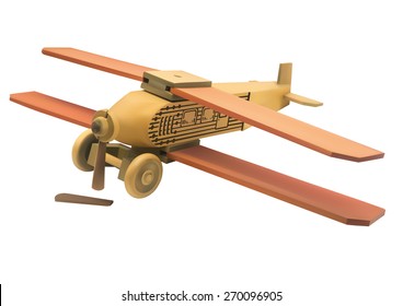 Illustration of wooden old broken toy airplane over white background