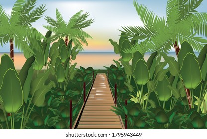 
illustration of a wooden path through tropical thickets to the beach, blue sky and ocean, banana and coconut trees