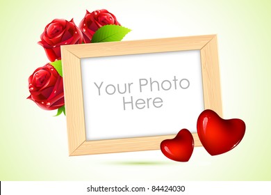 illustration of wooden photo frame with heart and rose