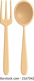 Illustration Of Wooden Salad Servers. Realistic Texture Of Natural Wood. Vector Graphics Pair Of Wooden Spoon And Fork Isolated On A White Background.