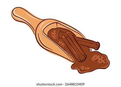 Illustration of wooden scoop with cinnamon sticks and powder on white background in flat style. Design for spice, food, baking ingredient and culinary decoration theme.