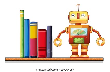 Illustration of a wooden shelf with a robot and books on a white background