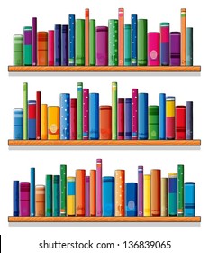 Illustration of the wooden shelves with books on a white background