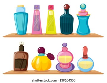 Illustration of the wooden shelves with different perfumes on a white background