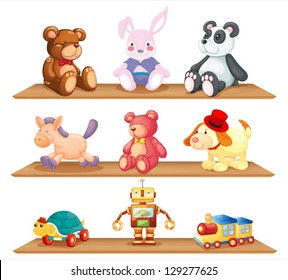 Illustration of the wooden shelves with different toys on a white background