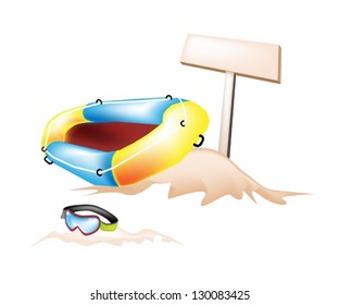 An Illustration of Wooden Sign Board with Two Inflatable Rings or Inner Tubes and Scuba Mask on The Summer Beach