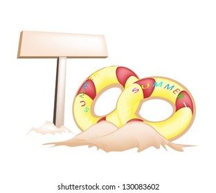 An Illustration of Wooden Sign Board with Two Inflatable Rings or Inner Tubes on The Beach
