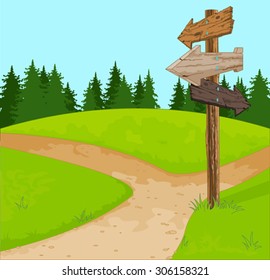 Illustration of wooden sign at the crossroads