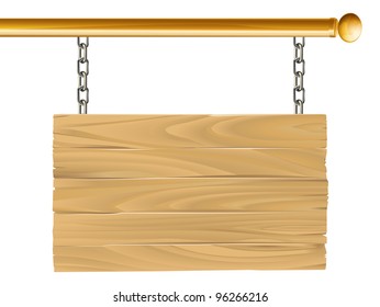 Illustration Of A Wooden Sign Hanging Suspended From A Brass Metal Pole