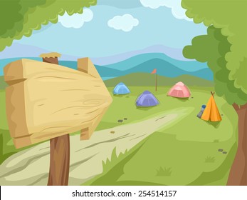 Illustration Of A Wooden Sign Pointing To A Camp Filled With Camping Tents