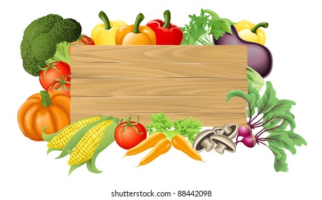Illustration of a wooden sign surrounded by fresh vegetables