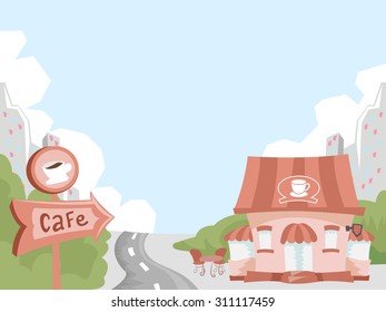 Illustration of a Wooden Signboard with the Arrow Pointing Towards a Cafe