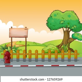 Illustration of a wooden signboard and a big tree