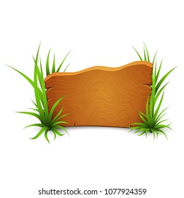 Illustration of wooden signboard surrounded by bunches of grass with blank space for text isolated on white background. 