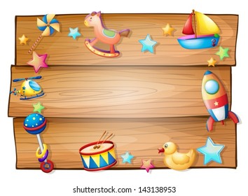 Illustration of a wooden signboard surrounded with toys on a white background