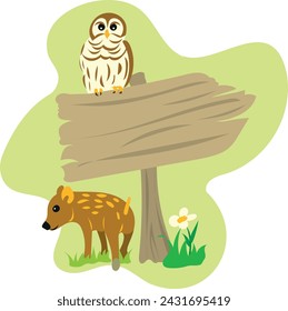Illustration of a wooden signpost with a wild boar standing and an owl sitting on it