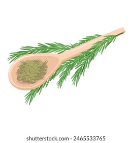 Illustration of a wooden spoon filled with rosemary needles beside a fresh sprig