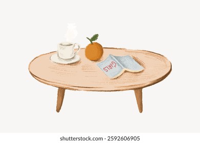 Illustration of a wooden table with a steaming cup, an orange, and an open book. Cozy table setting with a cup, orange, and book. Simple table decor. Isolated vector illustration.