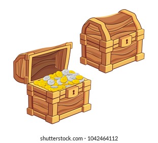illustration of Wooden treasure Chest set for game interface, closed and opened with coins