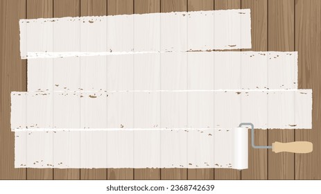 Illustration of a wooden wall painted white with a roller in 16:9 ratio. Paint color can be changed with vector data.