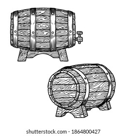 Illustration of wooden whiskey barrel  in engraving style. Design element for emblem, sign, poster, card, banner, flyer. Vector illustration