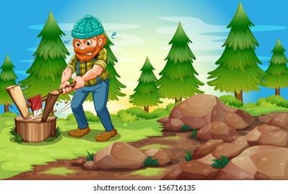 Illustration of a woodman chopping the woods near the rocks