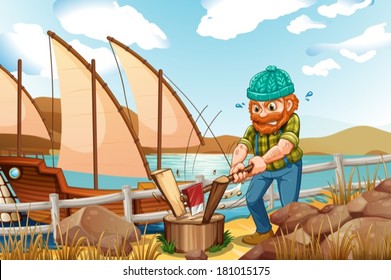 Illustration of a woodman chopping the woods near the river