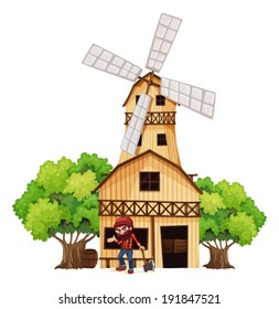 Illustration of a woodman holding an axe beside the wooden building on a white background