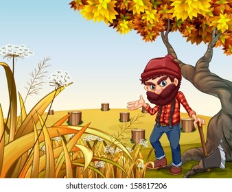 Illustration eines Holzbaummannes mit einer scharfspitzen Axt in der Nähe des alten Baumes