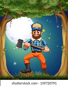 Illustration of a woodman standing in the middle of the trees