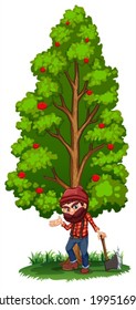 Illustration of a woodman under the tree with an axe on a white background