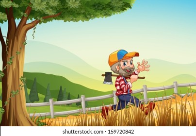 Illustration of a woodman walking at the hill happily