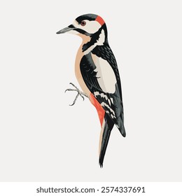 Illustration of woodpecker with black, white, and red feathers. The woodpecker is perched, distinct plumage and woodpecker features. Vintage art drawing illustration, painting art vector.